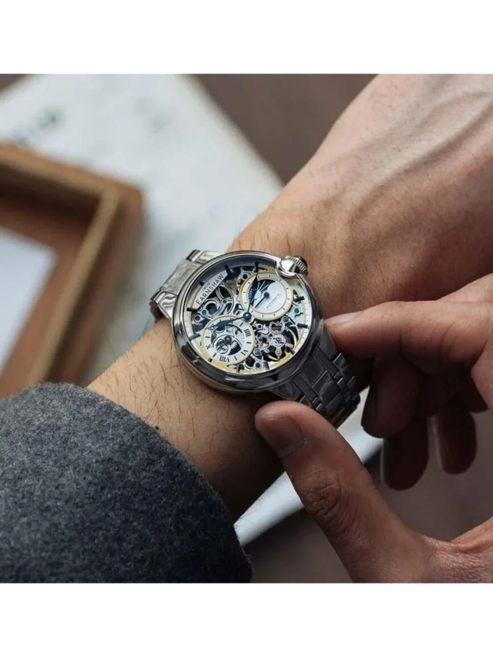 NWT Thomas Earnshaw Barallier Sun Moon Dual Time Chronograph Automatic Silver Di
